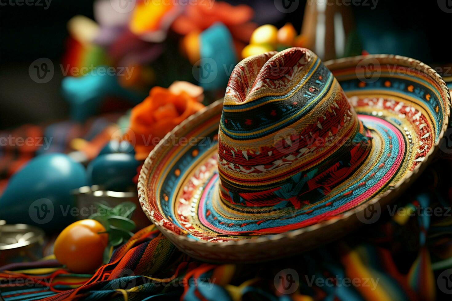 Cinco de Mayo festivity portrayed with maracas, poncho stripes, and hat AI Generated photo