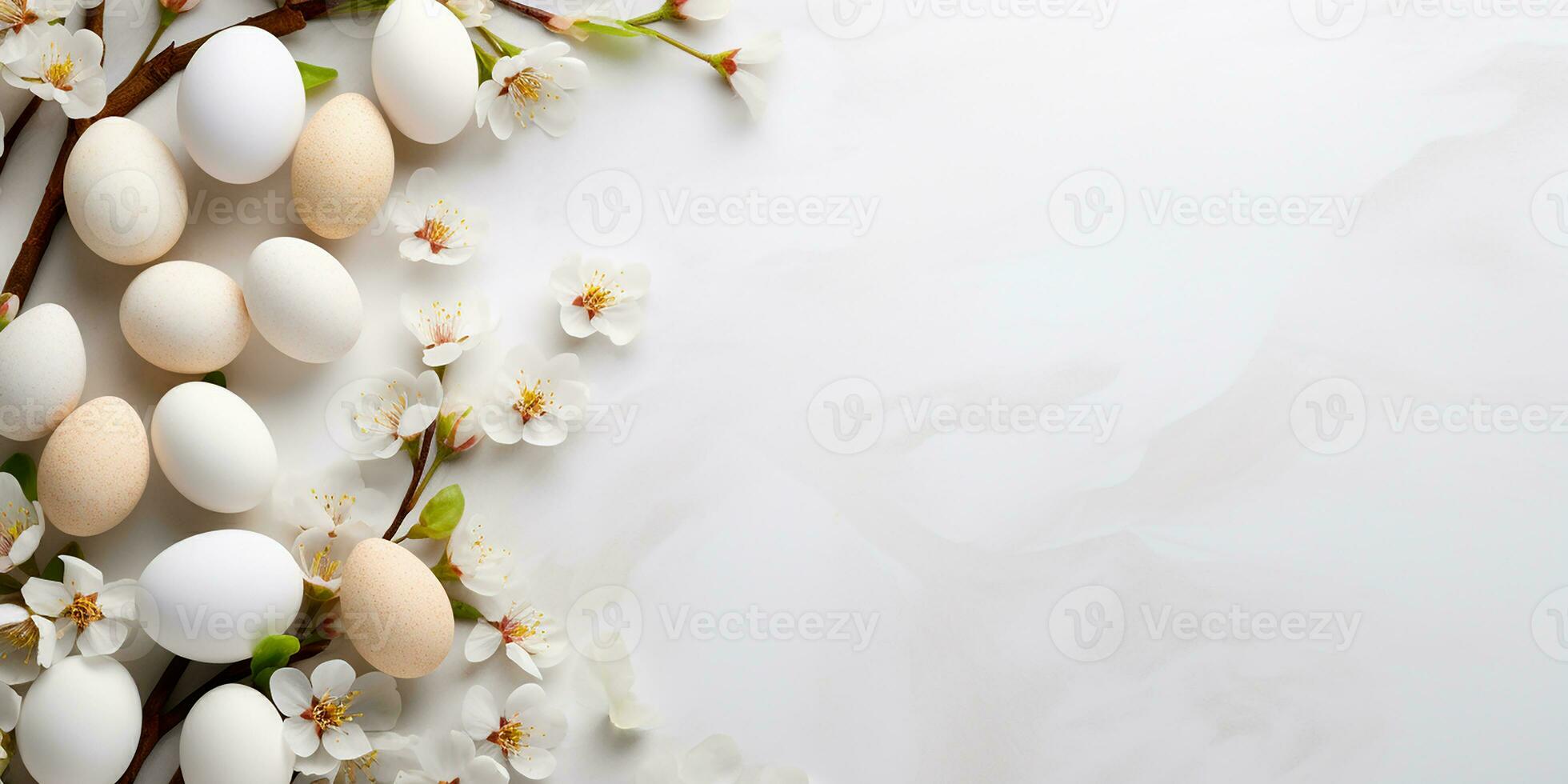 Flat lei Easter composition with spring flowers and painted eggs. photo