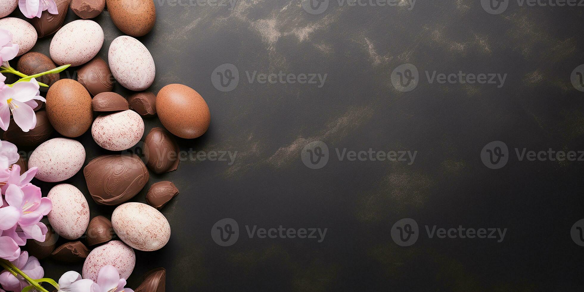 Flat lay Easter composition with colored and chocolate eggs. photo