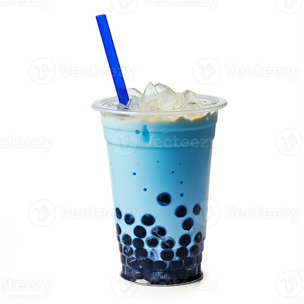 bubble tea glass with blue blueberry milk drink, ice cubes and bubbles. cocktail photo