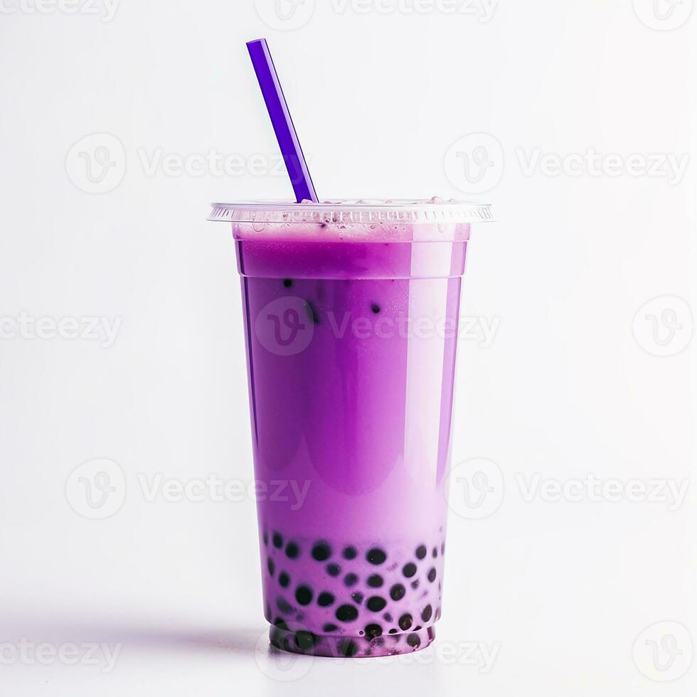 bubble tea glass with blueberry milk drink, ice cubes and bubbles. cocktail photo