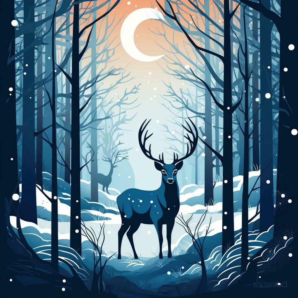 Winter Night Forest Deer. Flat Style Illustration in Blue and Brown colors photo