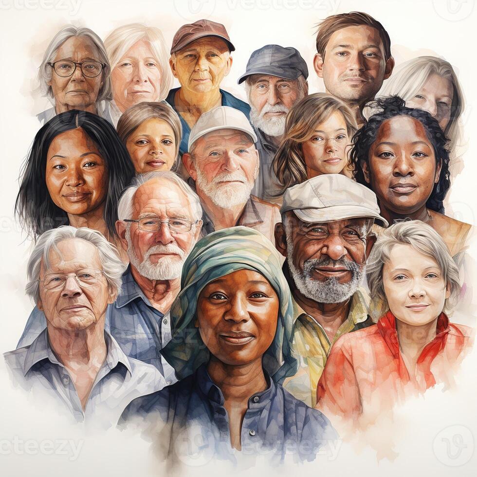 People of different ethnicities and ages. Hand drawn style photo