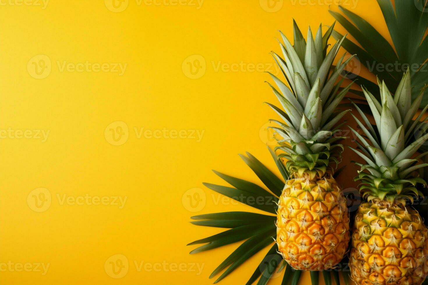 Pineapples and palm leaves on a sunny yellow summer background AI Generated photo