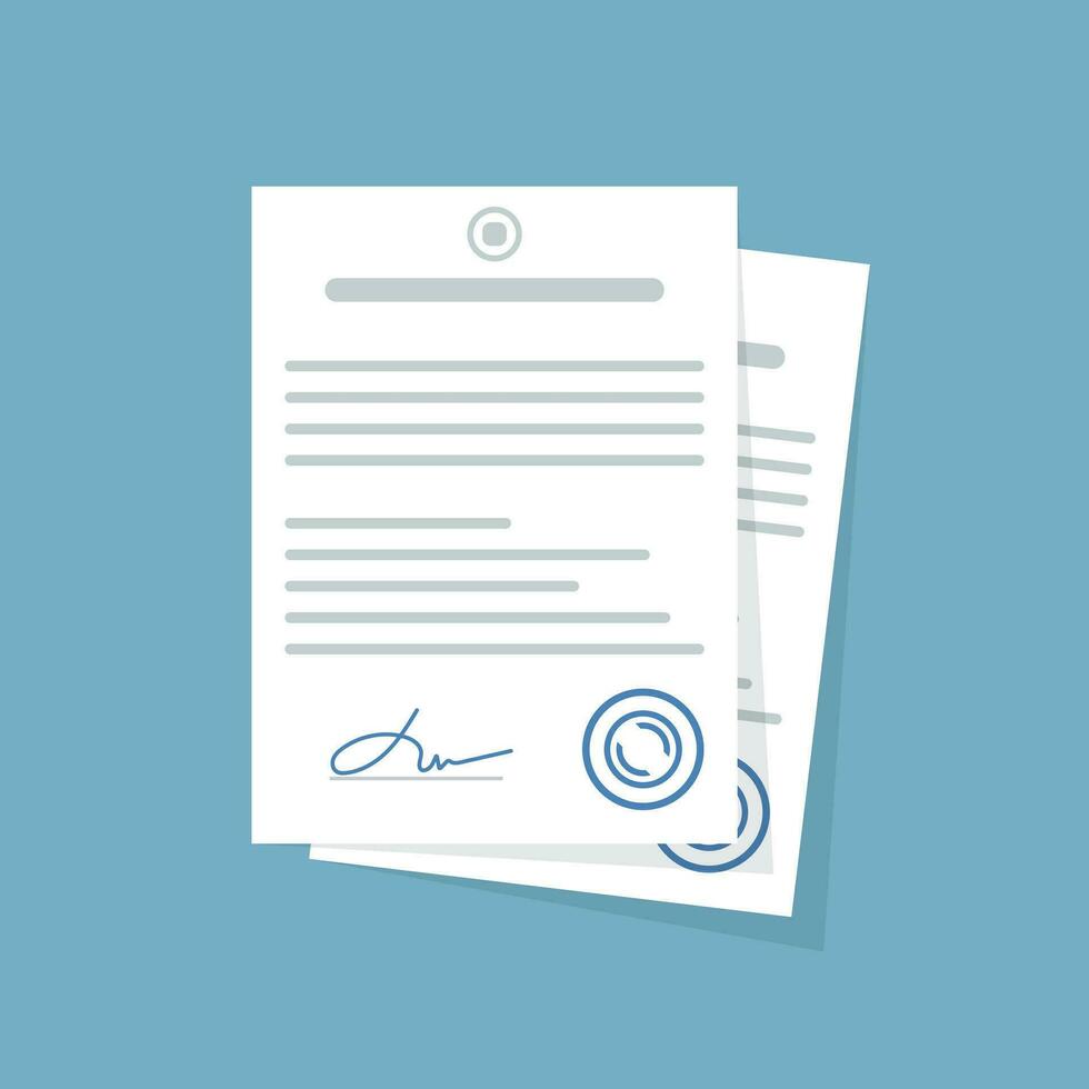 Document with stamp and text icon in flat style. White papers vector illustration on isolated background. Confirmed or approved document sign business concept.