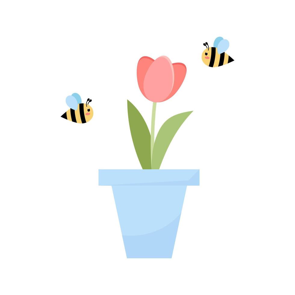 Tulip in a pot around which bees fly. vector