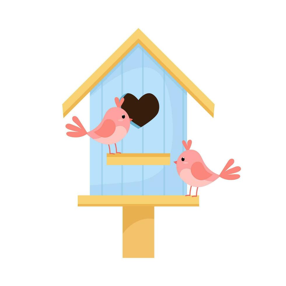 Spring. Wooden birdhouse with two cute birds vector