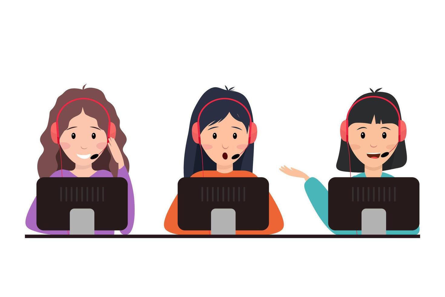 A set of illustrations of girls working at computers. Call center operator. The girl is talking to a client on the phone. vector