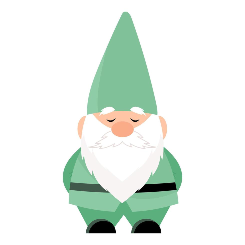Garden gnome in green clothes with closed eyes. Small man. Sculpture for the garden. vector