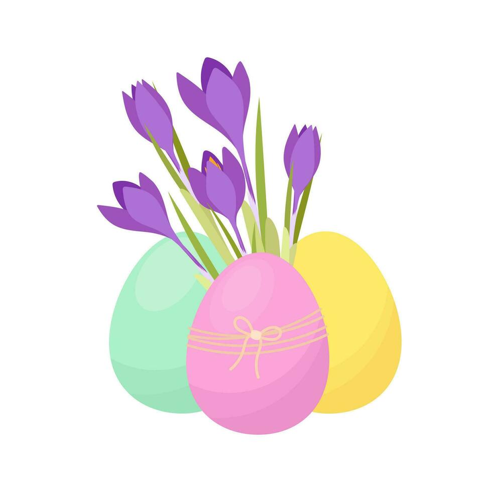 Easter eggs with crocus flowers. Easter decor. Spring. vector