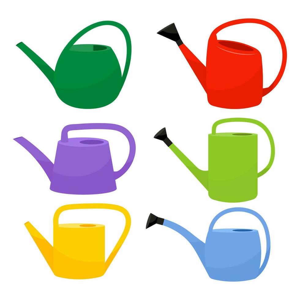 A set of colored garden watering cans for watering the garden, vegetable garden, flowers and plants. vector