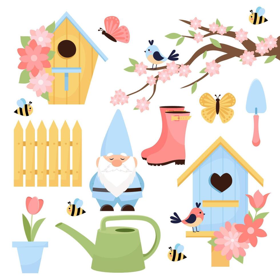 Set of vector elements on the theme of spring. Spring items. Collection of decorative elements.