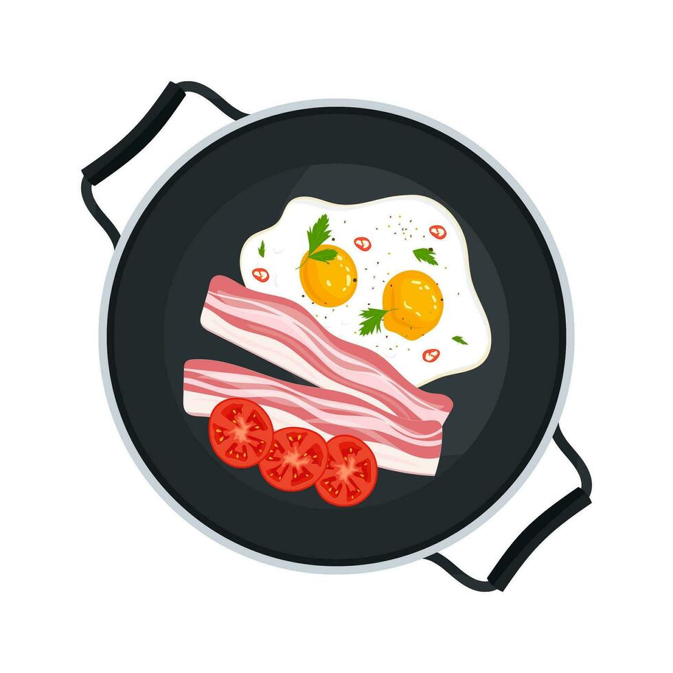 Fried eggs with bacon and tomatoes in a pan. Breakfast. vector