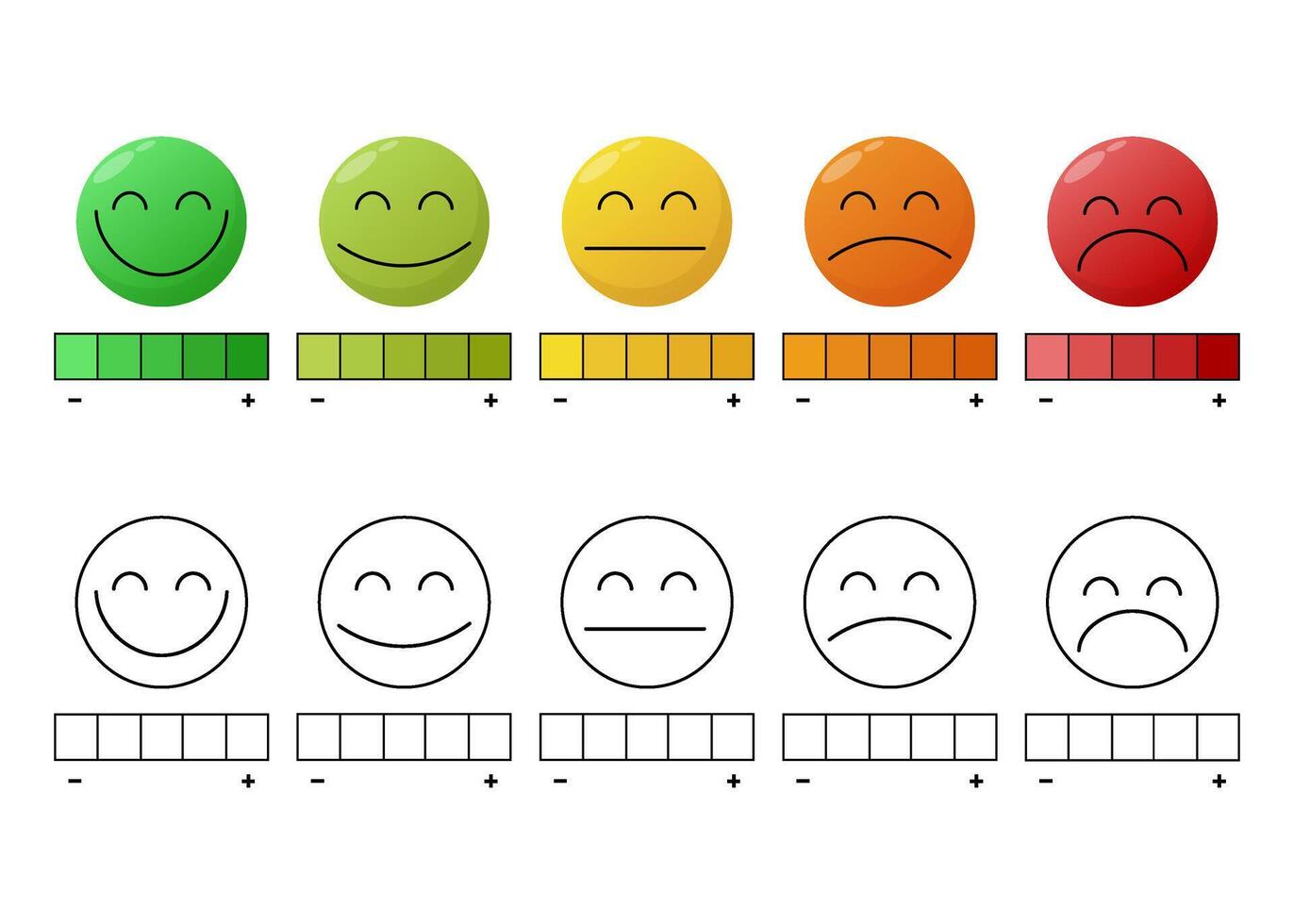 Emotional scale in the form of emoticons. Scale of emotions from excellent to terrible. Scale in the form of five human emotions colored and black and white. The emotional state of a person. Emotion vector