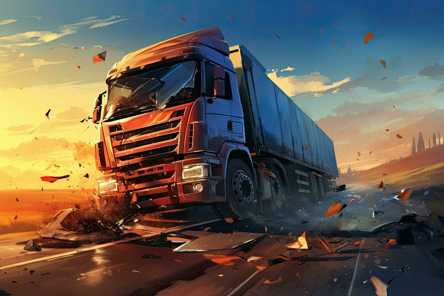 Truck on the road at sunset. Illustration of a truck on the road. Car crash accident with TIR truck on road, AI Generated photo