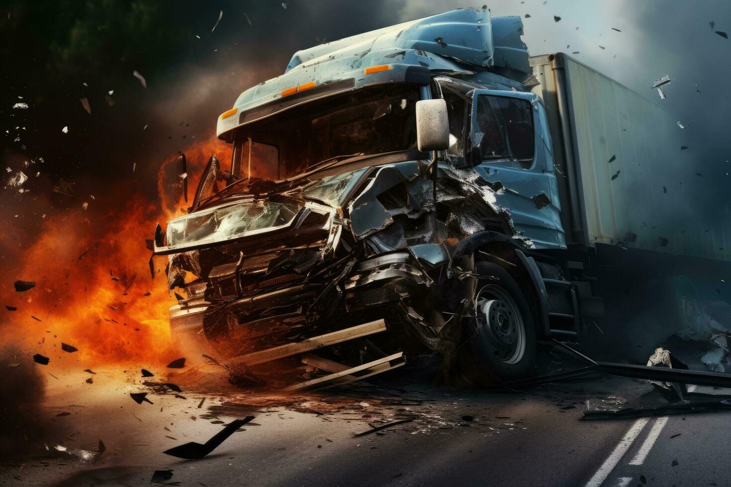 Dangerous accident on the road with a truck in the foreground, Car crash accident with TIR truck on road, AI Generated photo