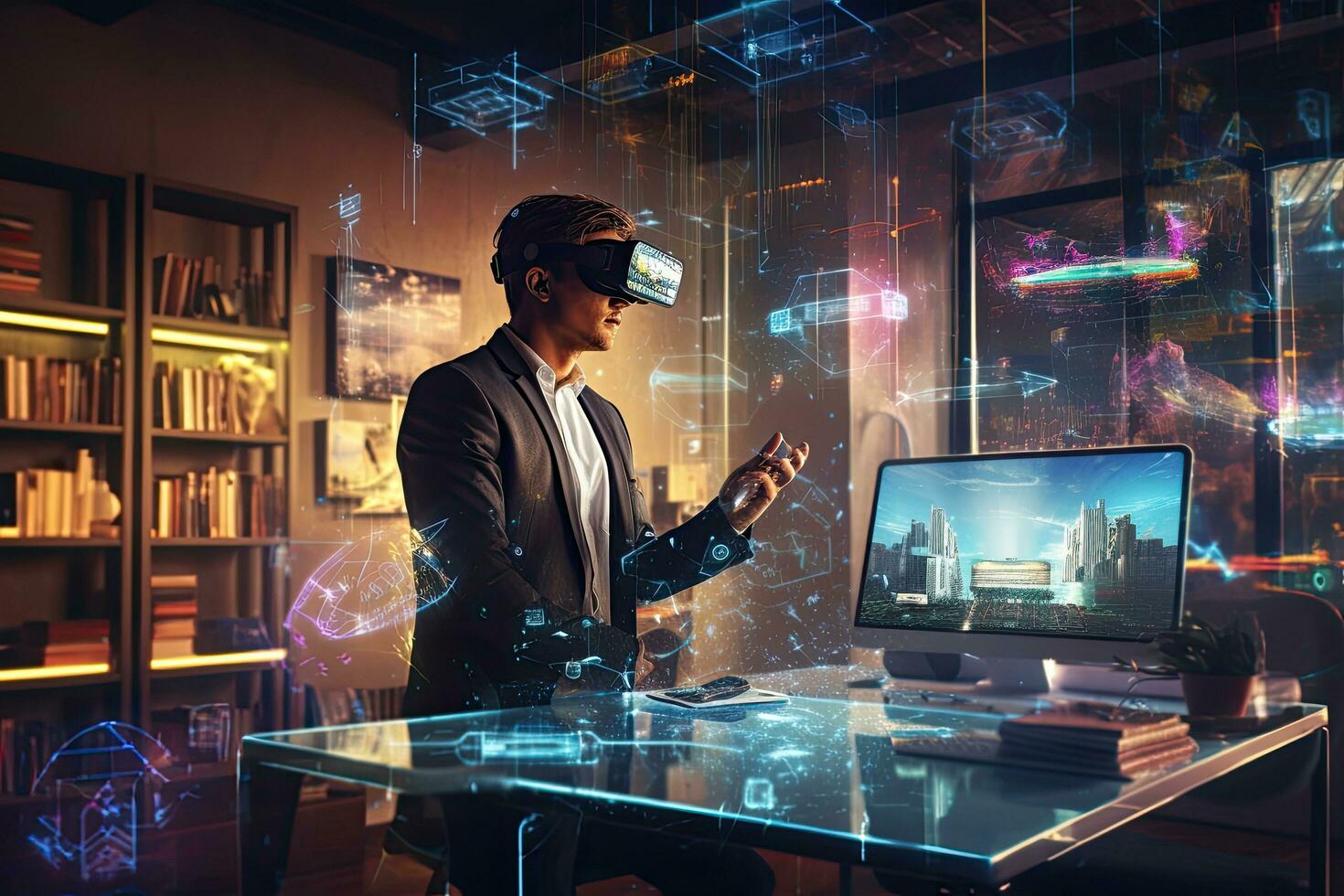 Businessman wearing virtual reality goggles in office with city hologram. Mixed media, Businessman using virtual reality headset in modern office at night. Mixed media, AI Generated photo