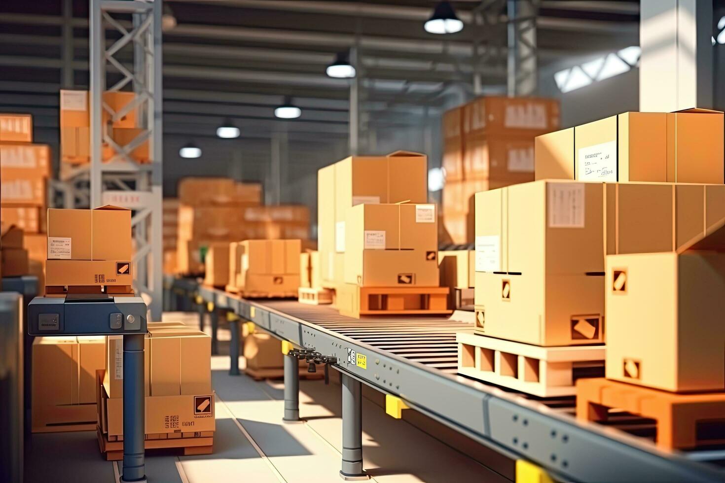 3d rendering of orange cardboard boxes on conveyor belt in warehouse, Cardboard boxes on conveyor belt in warehouse. Automatic production line. Logistic and shipment, AI Generated photo