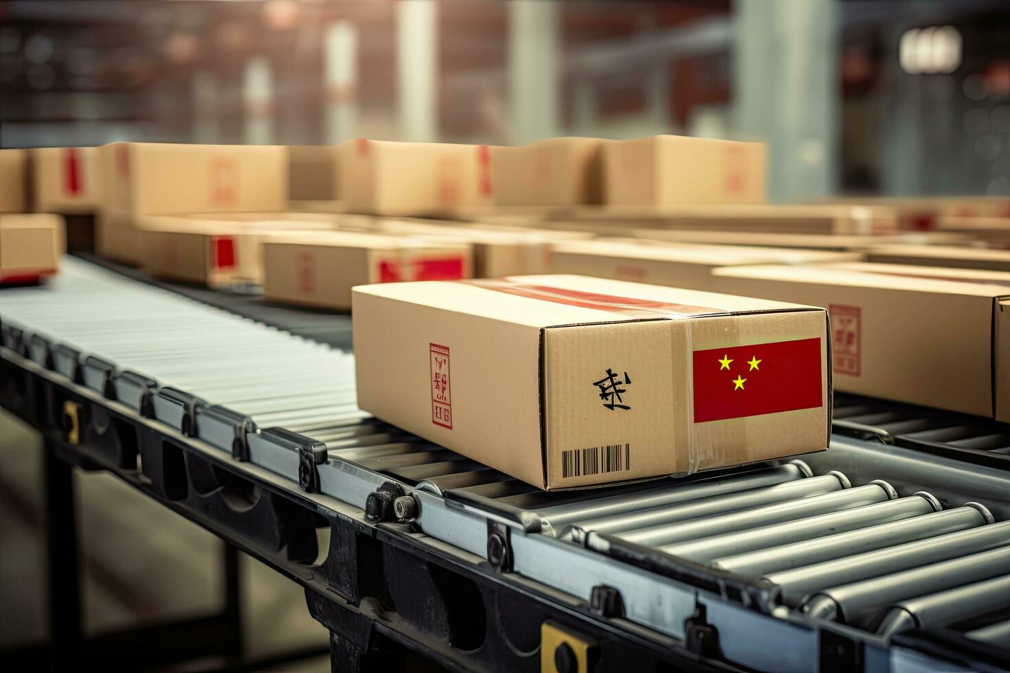 Boxes with China flag printed on a conveyor belt. 3D rendering, Cardboard boxes with text made in China and chinese flag on the roller conveyor, AI Generated photo