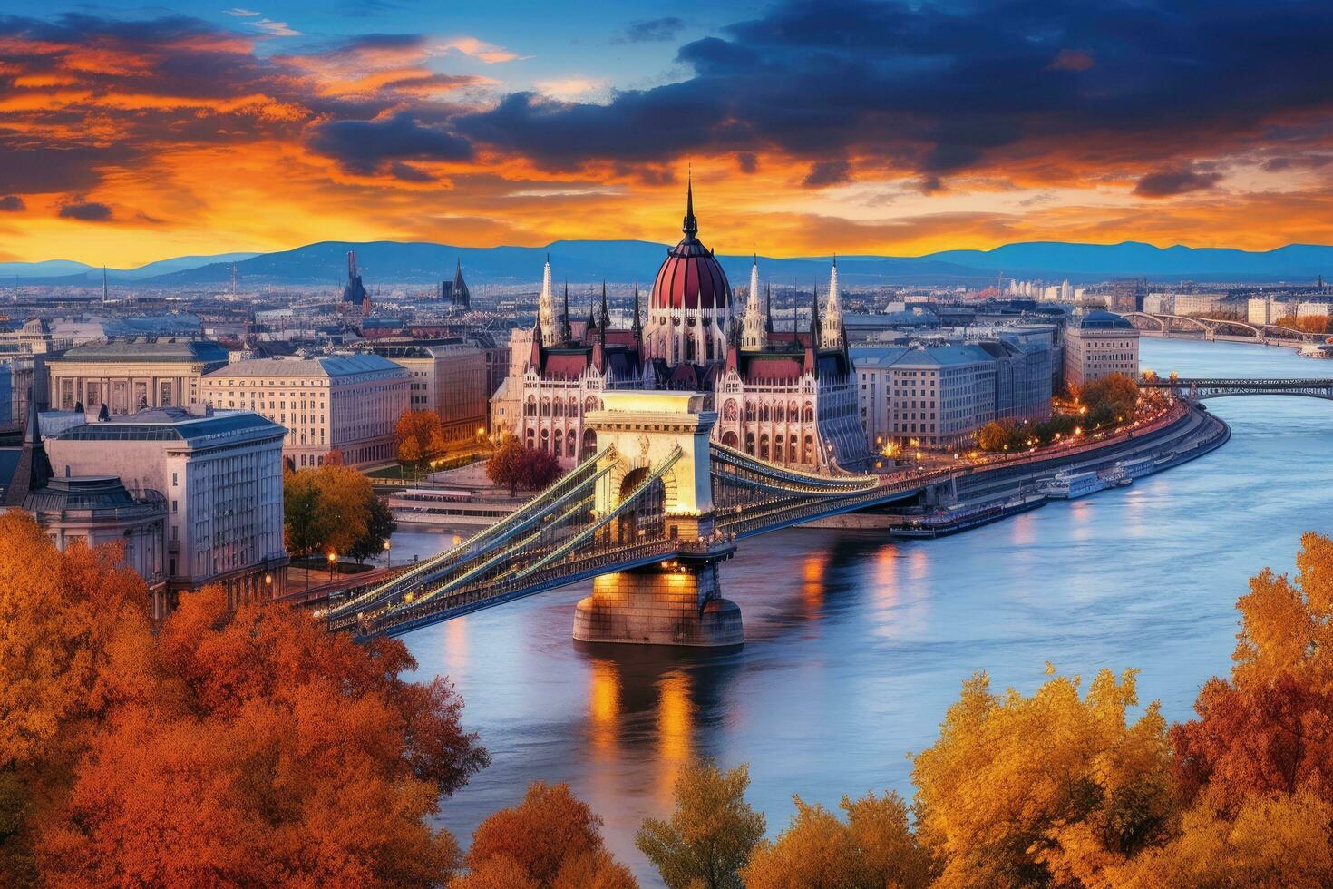 Panoramic view of Budapest and Danube river at sunset, Hungary, Budapest with chain bridge and parliament, Hungary, AI Generated photo