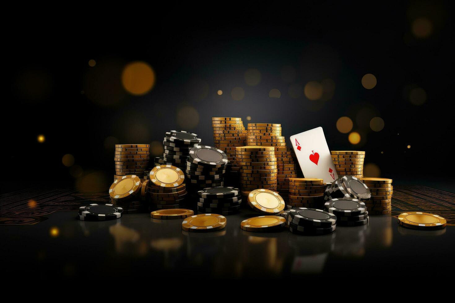 3d illustration of casino chips and cards over black background with bokeh effect, Casino game poker card playing gambling chips black and gold style banner backdrop background Concept, AI Generated photo
