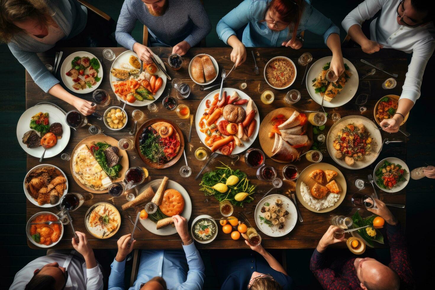 parte superior ver de grupo de personas teniendo cena juntos mientras sentado a de madera mesa, desayuno tardío elección multitud comida comida opciones comiendo concepto, parte superior vista, ai generado foto