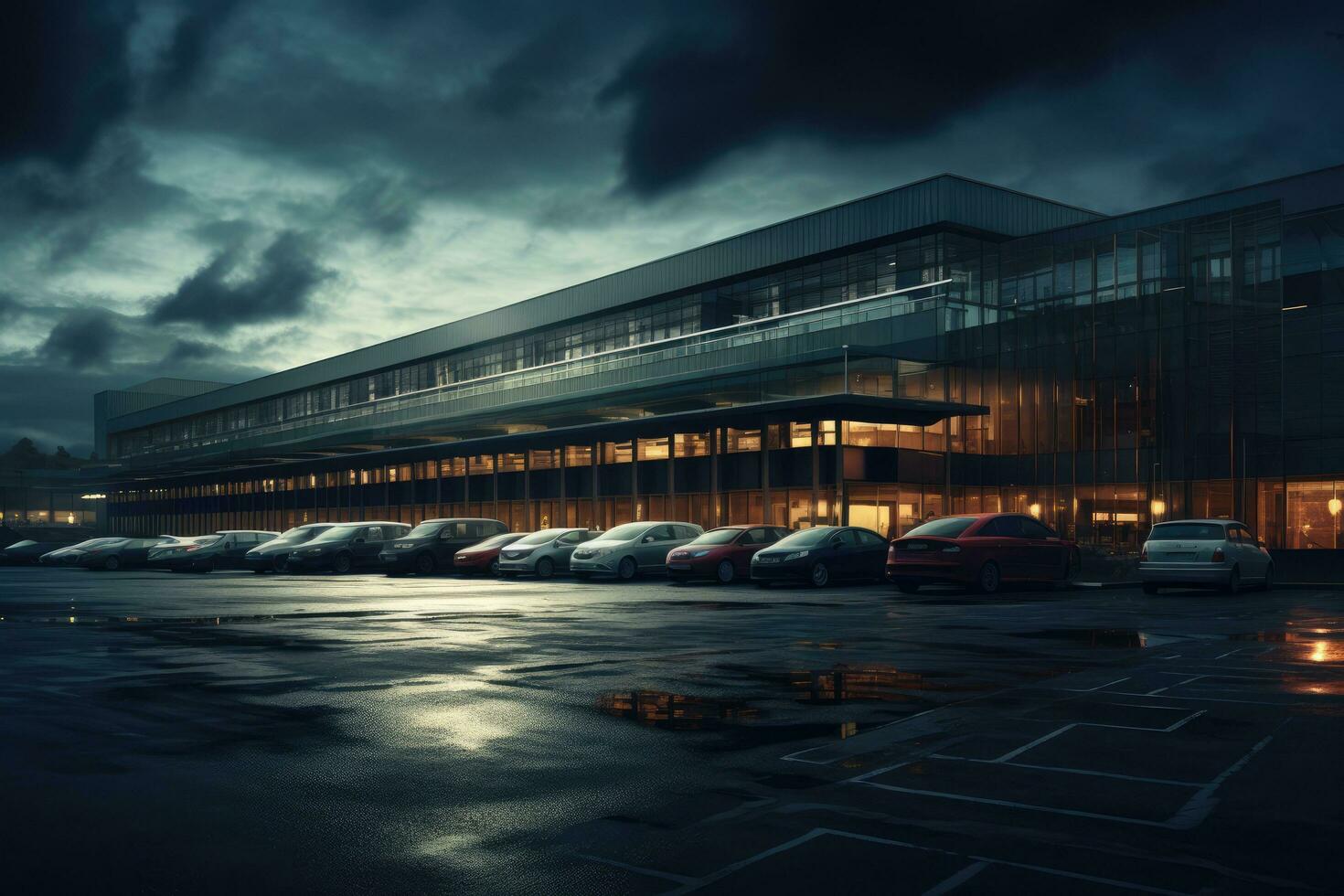 Night view of modern office building with many cars parked in parking lot, Car park at the end of the day, AI Generated photo