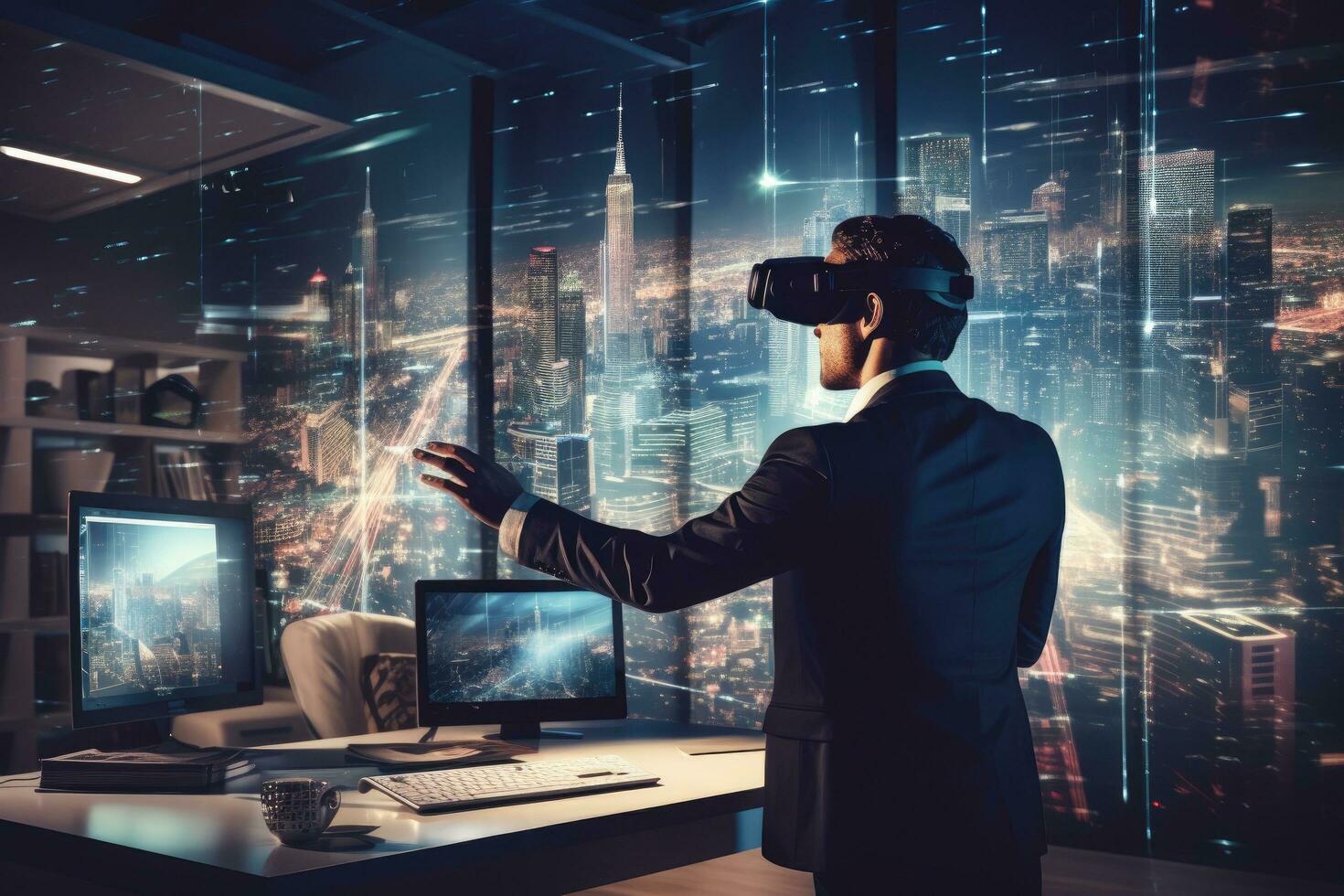 Businessman wearing virtual reality goggles in modern office with night city view, Businessman using virtual reality headset in modern office at night. Mixed media, AI Generated photo