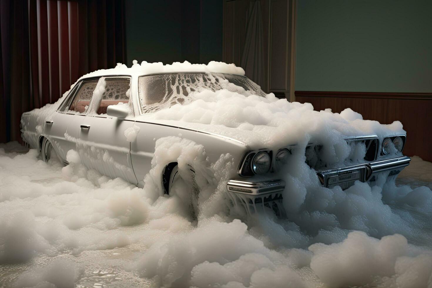 Car covered with soap foam in a bathroom. 3D rendering. car in foam on sink, AI Generated photo