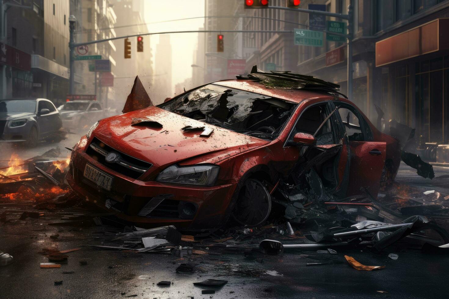 Burning car in the city. Conceptual image. 3d rendering, car accident, AI Generated photo