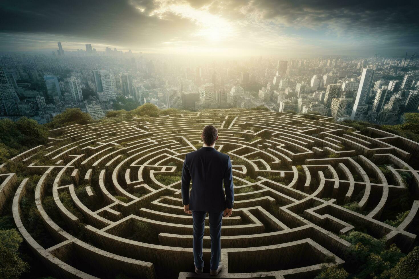 Businessman standing on top of a labyrinth and looking at the city, Businessman standing on top of a maze looking at the way to success, AI Generated photo