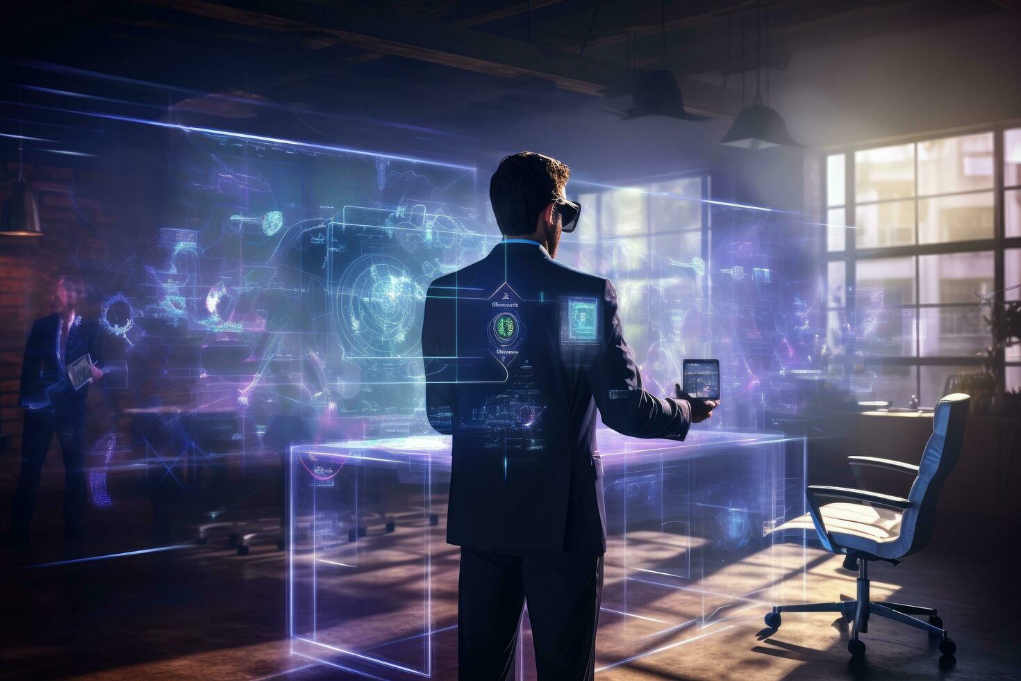 Businessman looking at hologram screen in office interior. Mixed media, Businessman wearing VR and using AI technology hologram at work, rear view, AI Generated photo