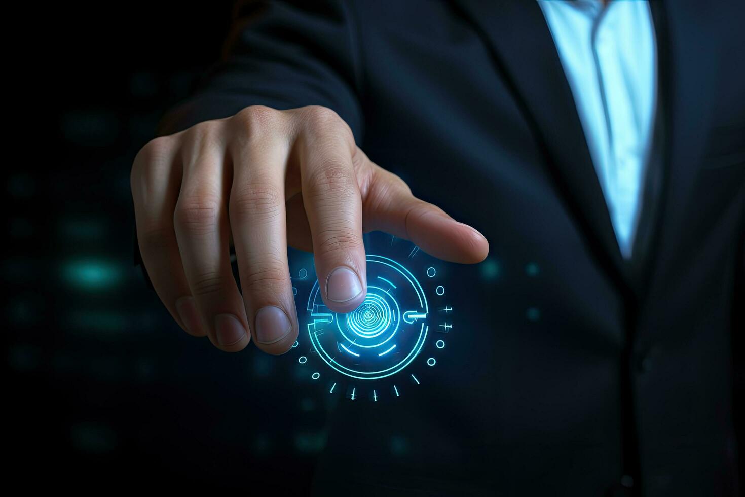 Businessman pressing button on virtual screen. Business and technology concept, Businessman pressing fingerprint button on a touch screen interface. Technology and internet concept, AI Generated photo