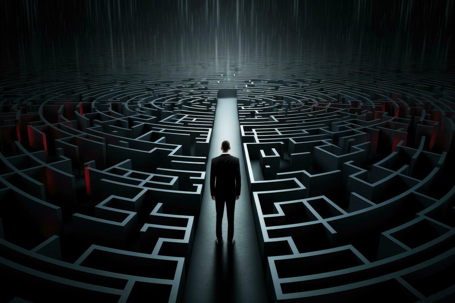 Businessman standing in the middle of a maze, 3D rendering, Businessman standing in front of a large maze on a Black background, AI Generated photo