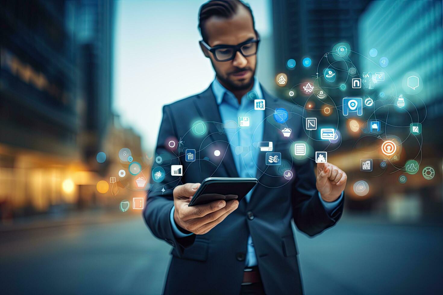 business, people, communication and technology concept - close up of businessman with smartphone over city street background, Businessman on blurred background using 3D rendering, AI Generated photo