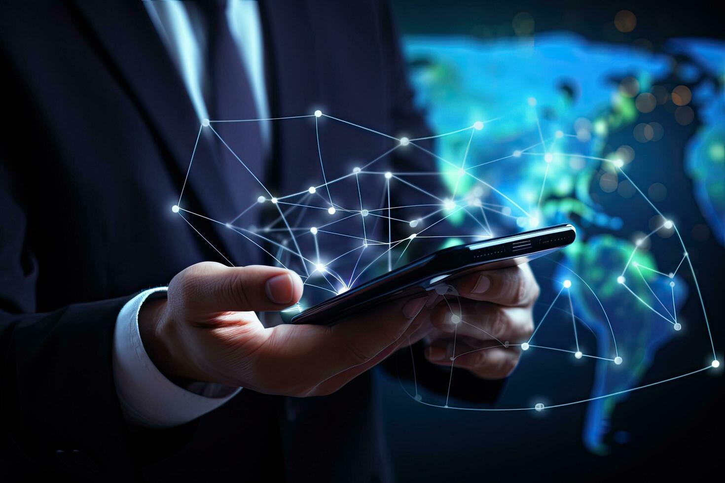 Businessman using mobile phone with world map and connection lines on dark background, Businessman hand using a smart phone with a global network connection concept on the screen, AI Generated photo