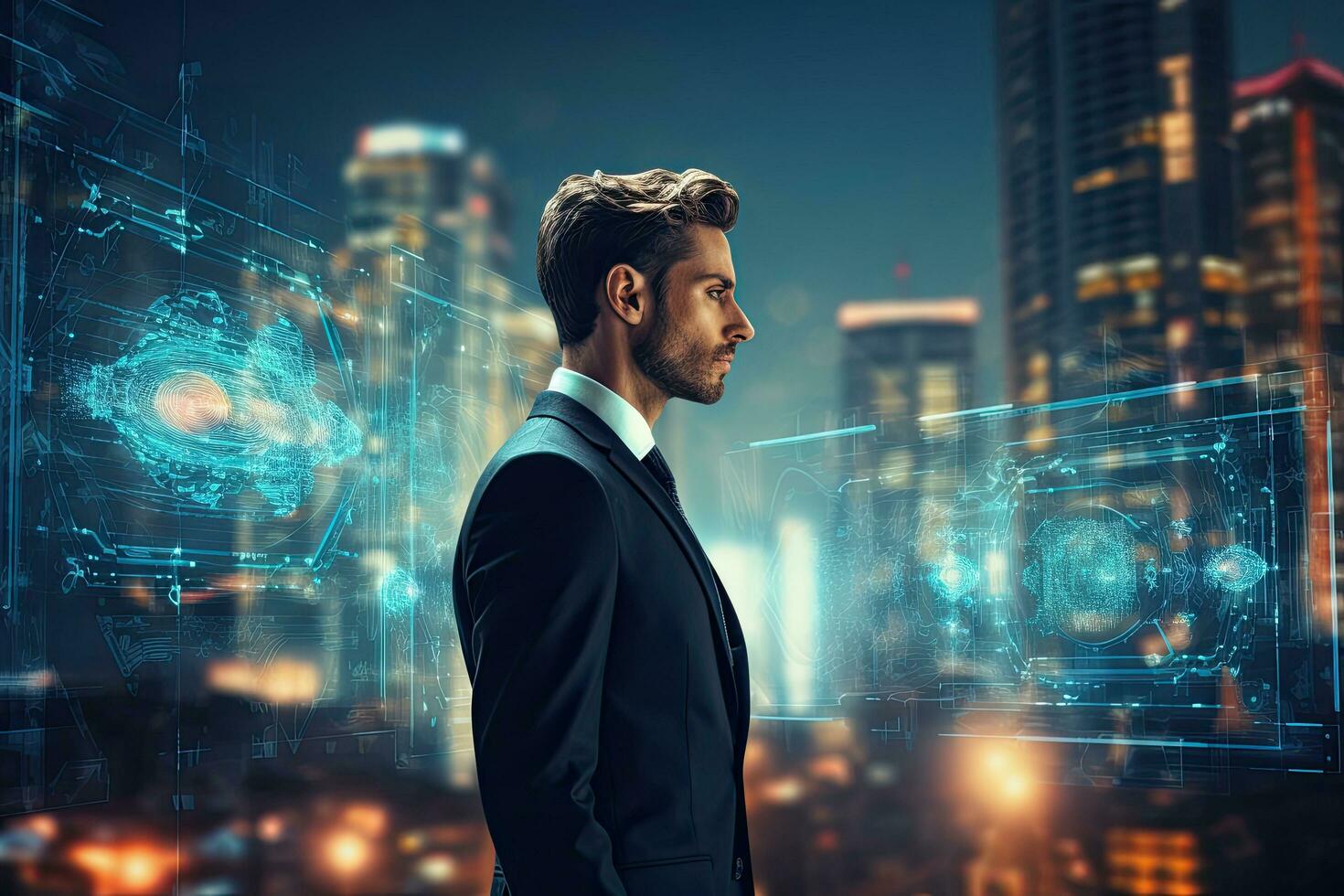 Side view of young handsome businessman in suit against night city background. Mixed media, Businessman Leveraging AI Technology on a blurry urban area background, AI Generated photo