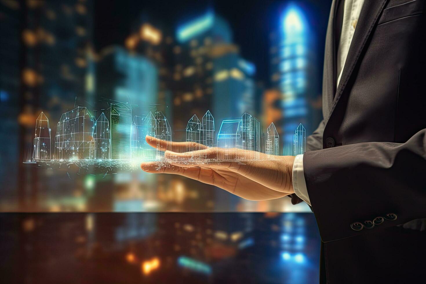 Businessman hand holding building model over blurred cityscape background, real estate concept, Businessman hand on blurred background using digital holographic interface 3D rendering, AI Generated photo