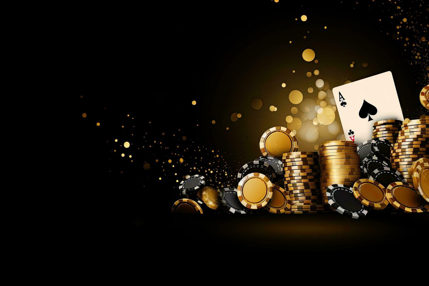 casino antecedentes con dorado papas fritas y jugando tarjetas ilustración. casino juego póker tarjeta jugando juego papas fritas negro y oro estilo bandera fondo antecedentes concepto, ai generado foto