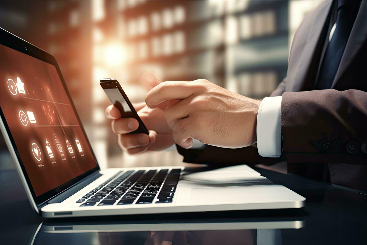 Close up of businessman using mobile phone and laptop on office desk with cityscape background. Double exposure, Businessman hand using smart phone and laptop computer, AI Generated photo