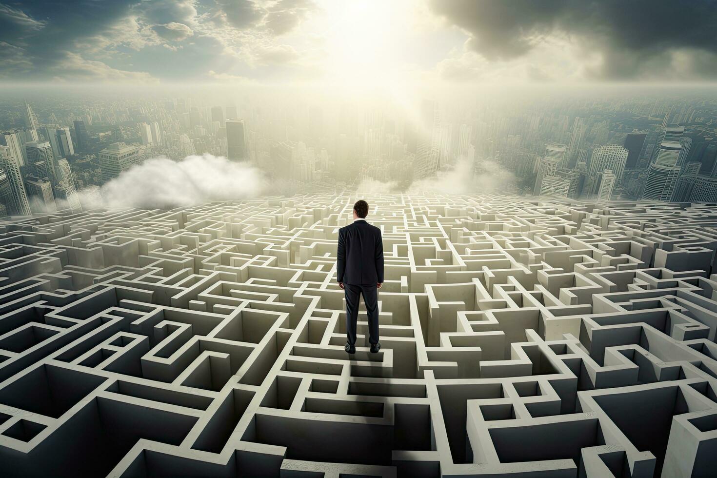 Businessman standing on the top of a maze and looking at the city, Businessman standing on top of a maze looking at the way to success, AI Generated photo