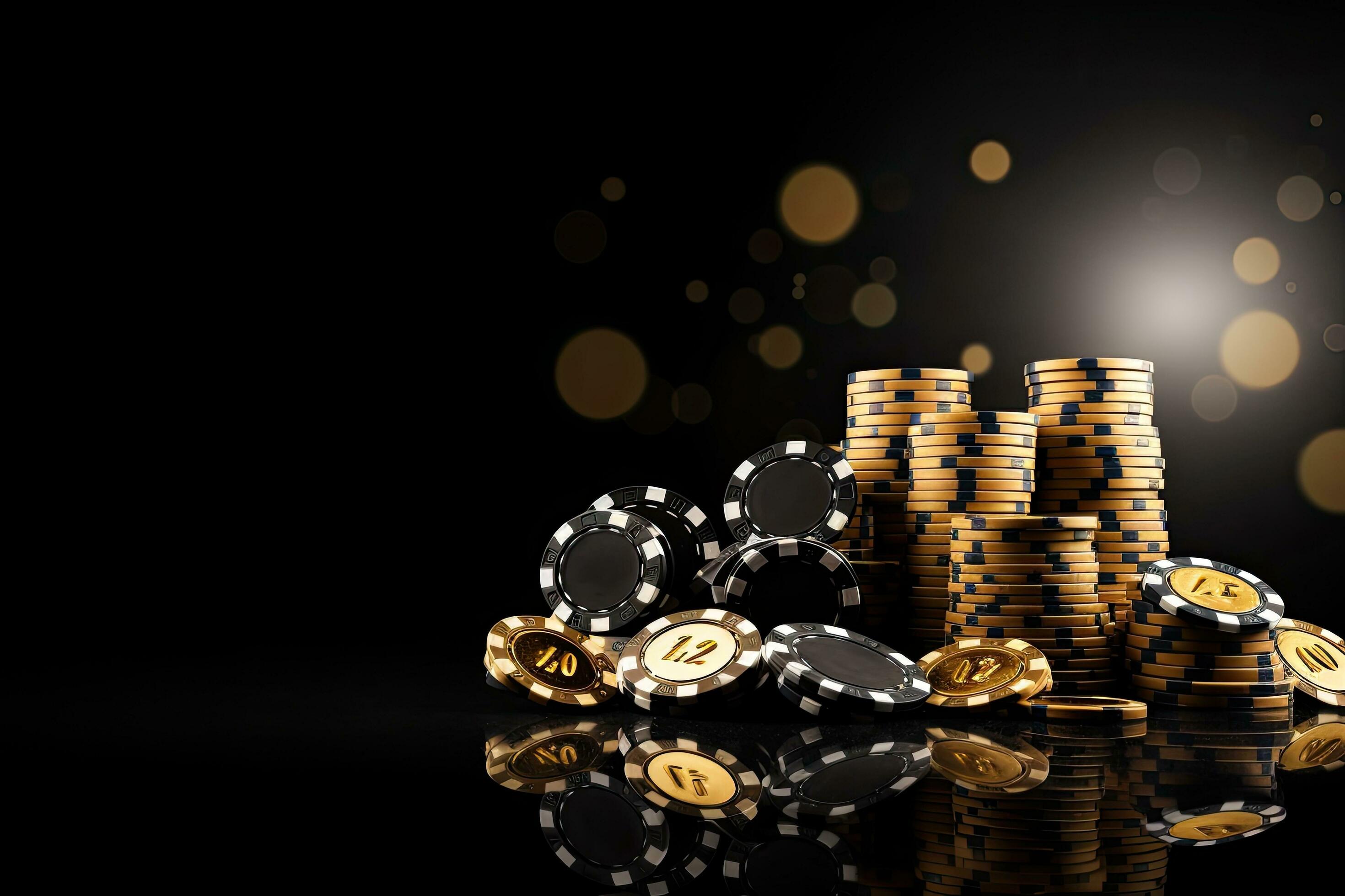 3d illustration of golden casino chips over black background with bokeh,  Casino game poker card playing gambling chips black and gold style banner  backdrop background Concept, AI Generated 30806825 Stock Photo at