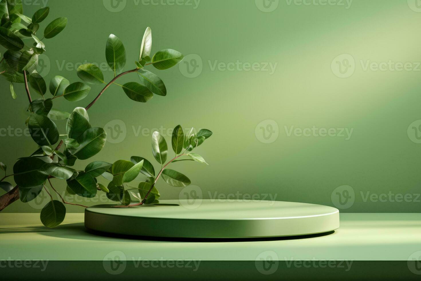 Natural branch with leaves on 3D podium display for cosmetic promotion showcasing abstract beauty on green background with tree shadow photo