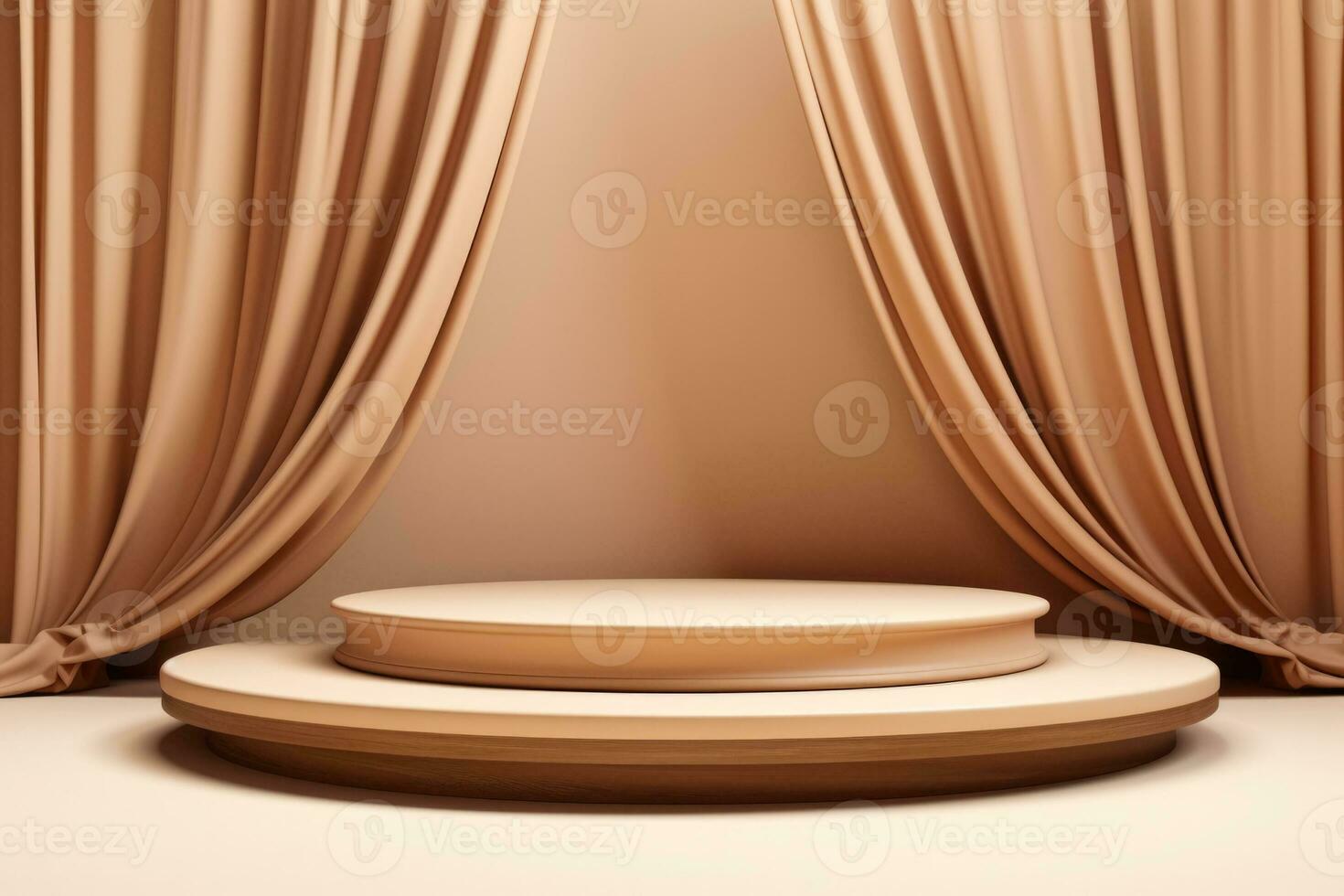 Luxury feminine 3D display podium with wood frame pedestal and silk curtain mockup photo