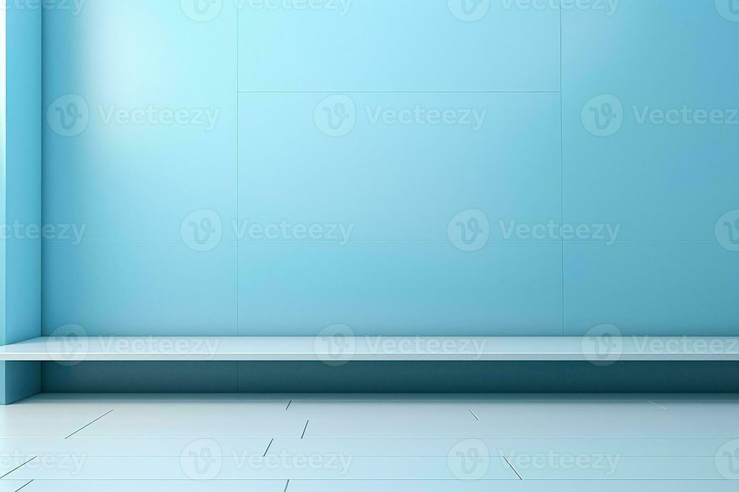 Minimal light blue background for product presentation with incident window light on wall and floor photo