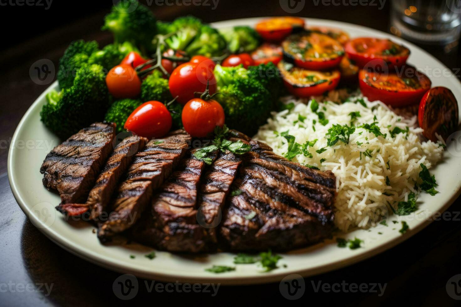 Grilled steak with rice and grilled veggies served as a meal photo