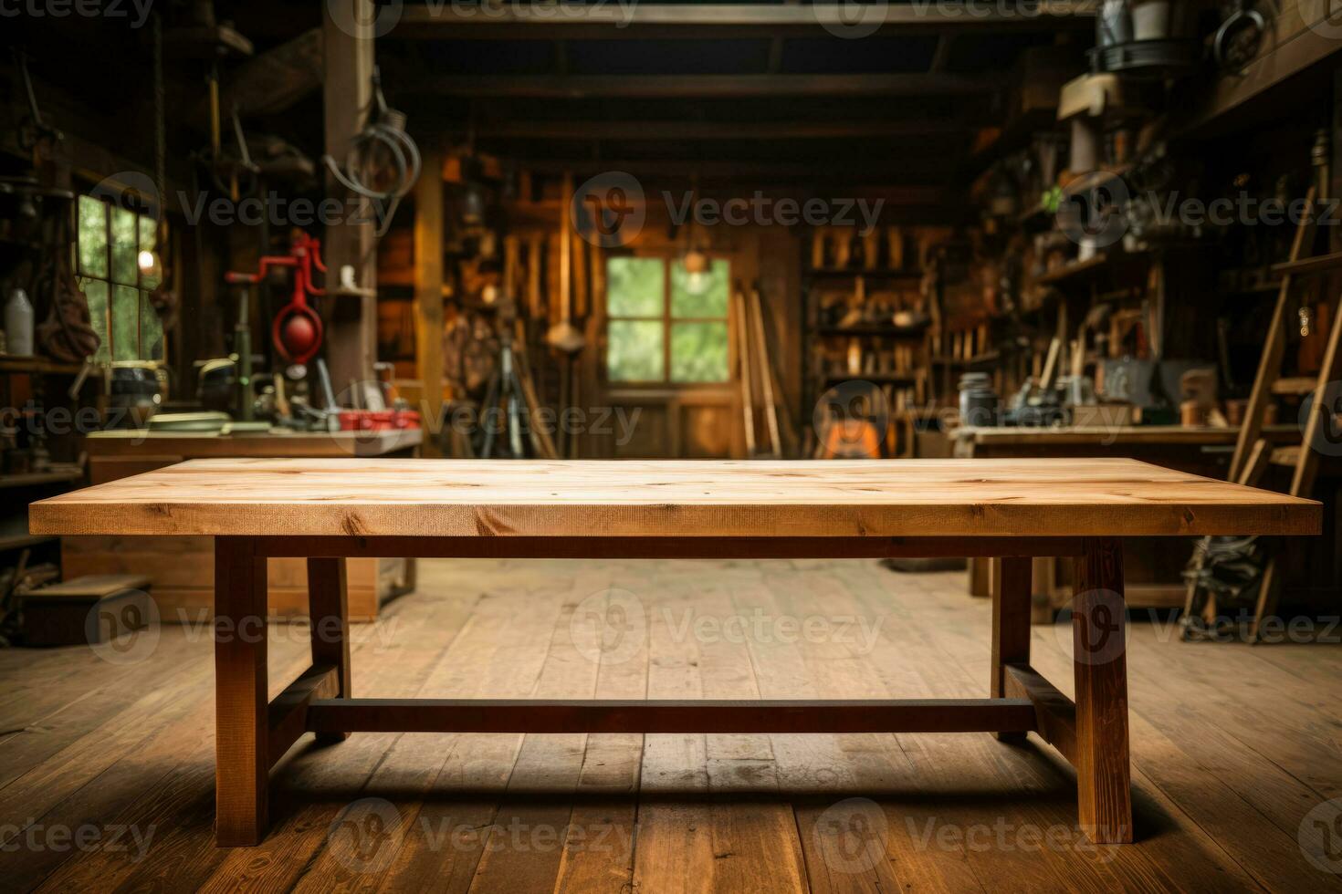 Empty wooden table with repair shop interior visible in background photo