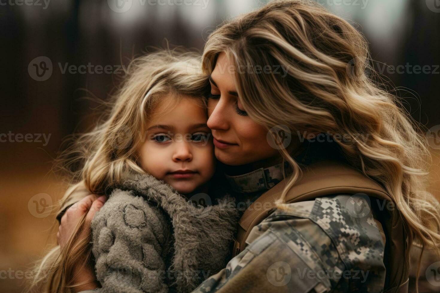 Active duty military moms neck lovingly hugged by little girls hands photo