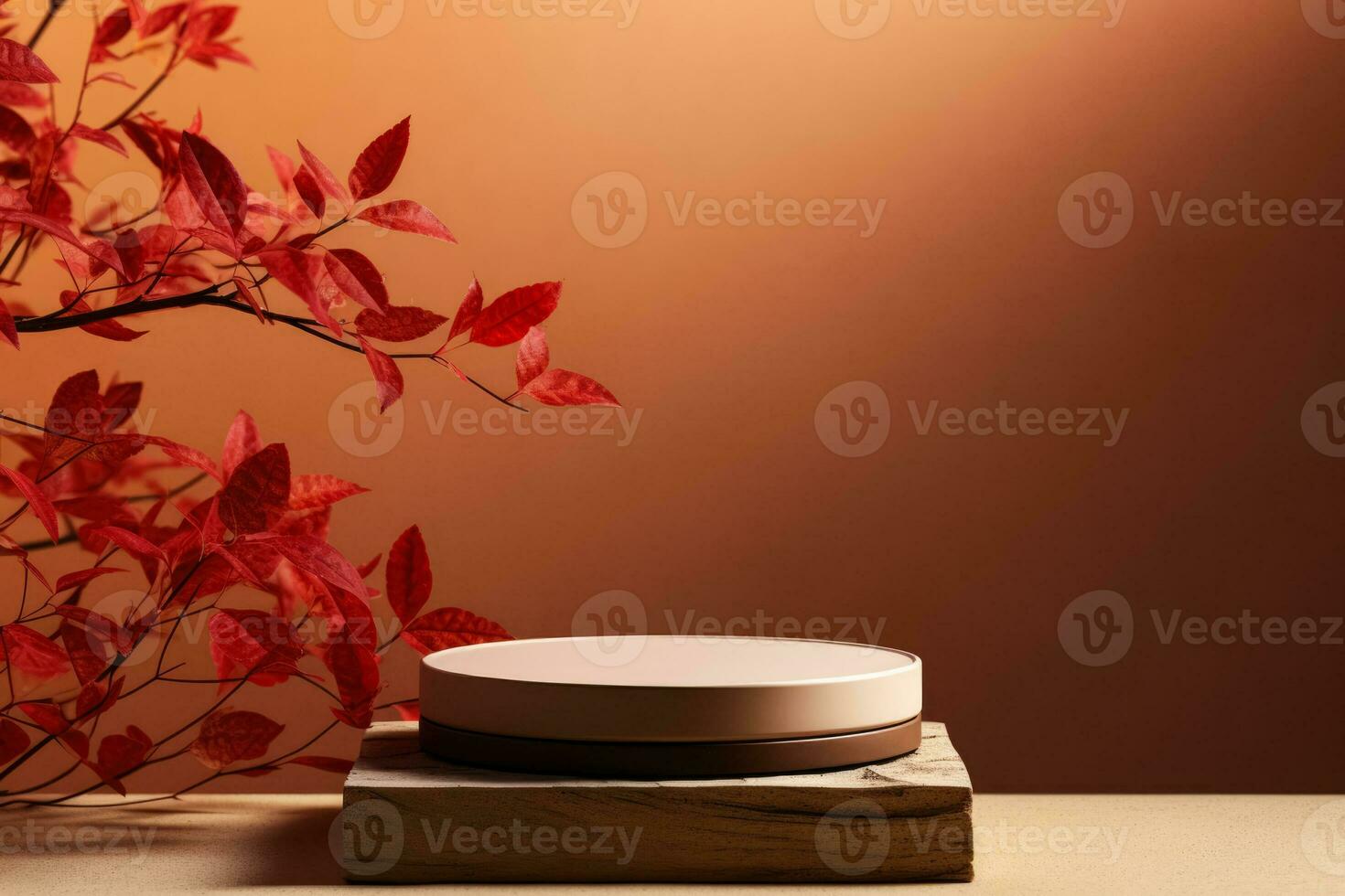 Autumn inspired 3D pedestal podium with brown background and tree shadow showcasing beauty cosmetics on a product platforma natural and minimal display mockup for trendy fall branding photo
