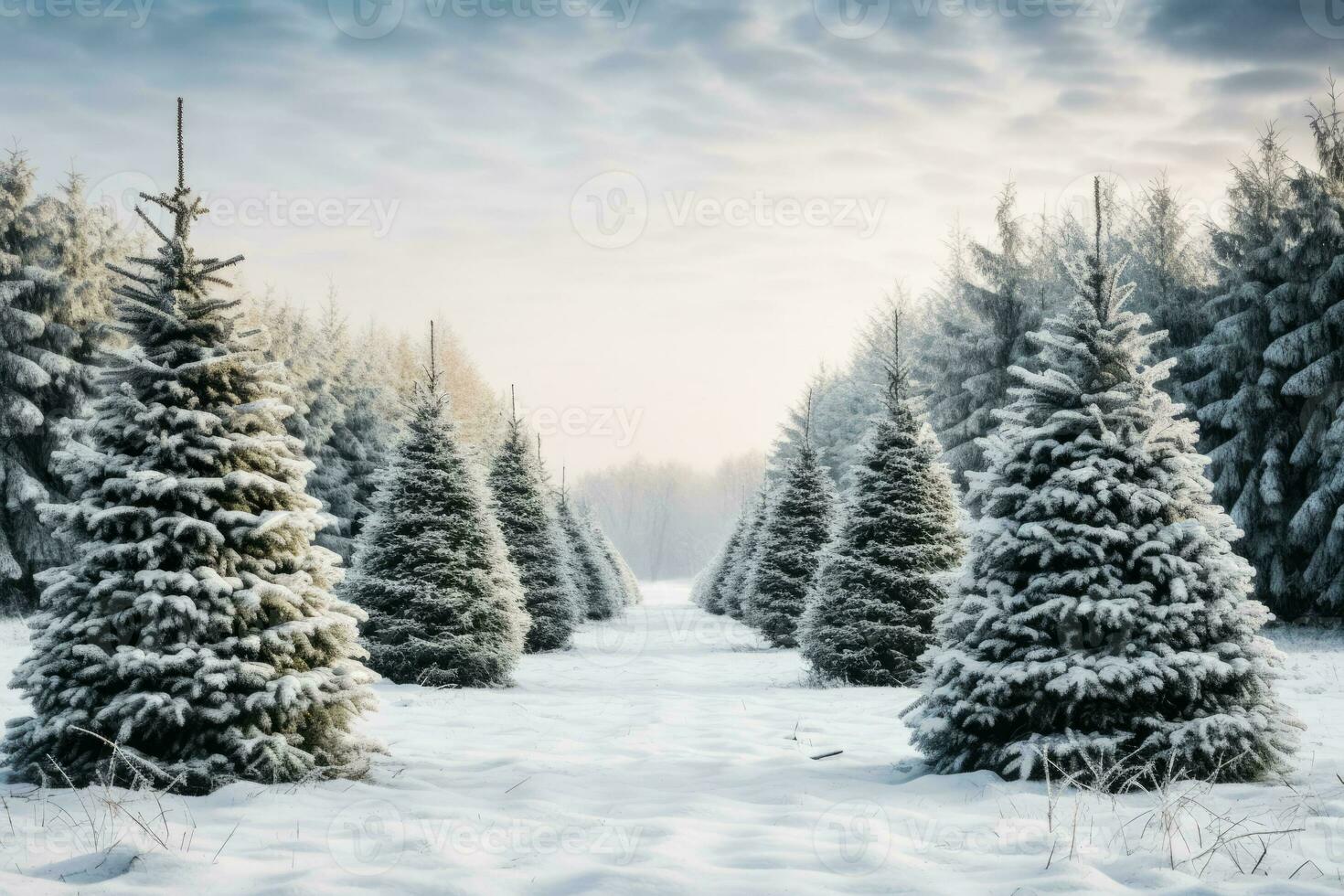 Christmas tree pines covered with snow green firs glistening photo